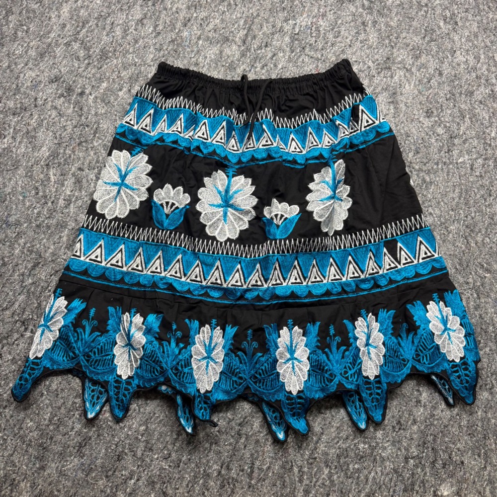Boho Embroidered Floral Handkerchief Hem Skirt Black Turquoise White Large